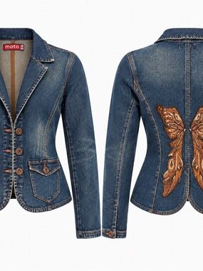 Moto Women's Blue Denim Jacket with Embroidered Butterfly Detail fairy cute y2k
